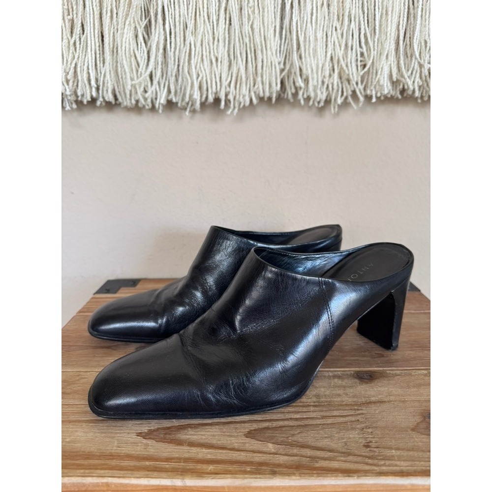 ANTONIO MELANI Black Leather Long Square Toe Wide Block High Heel Mule Size 9